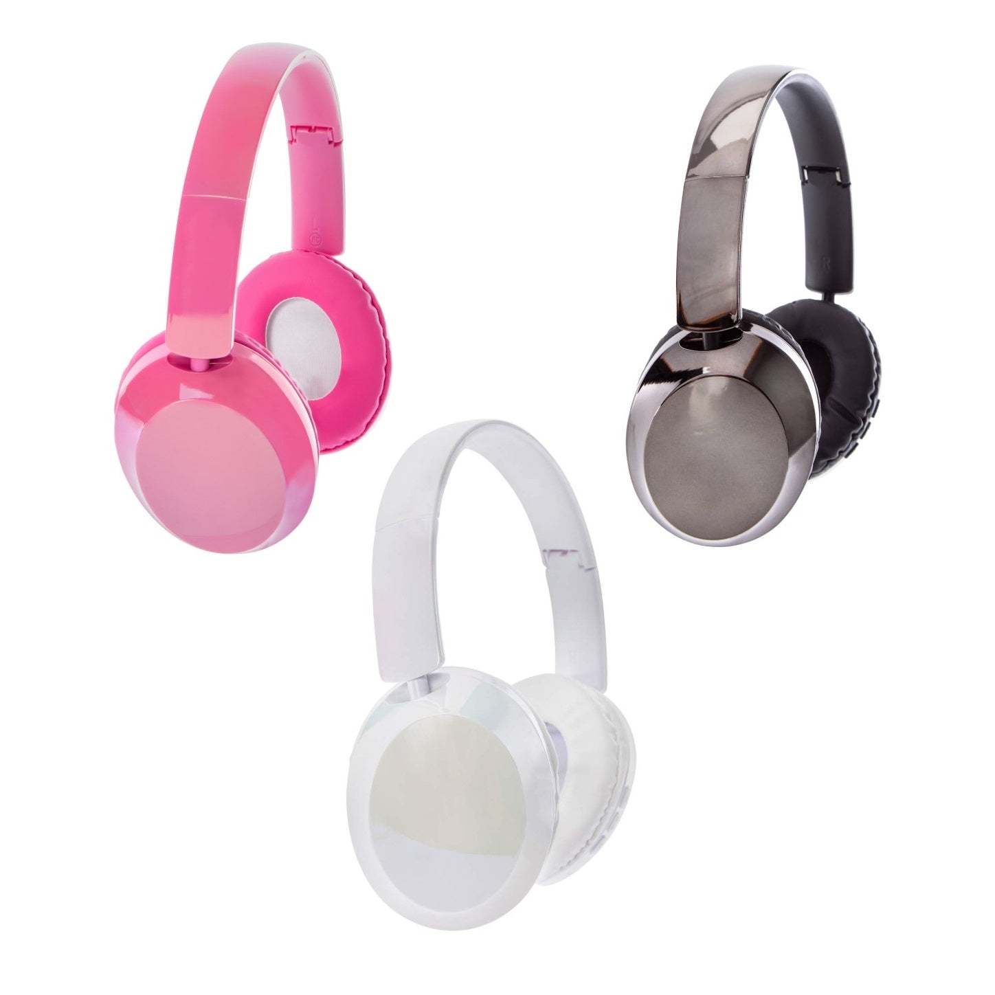 Pink, silver and white headphones.